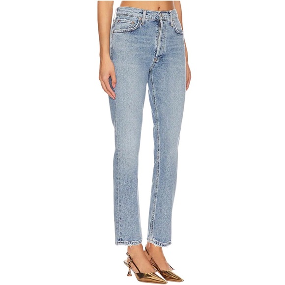 AGOLDE Riley Long High Rise Slim Straight Light Medium Blue Button Fly Size 27 - Picture 3 of 15